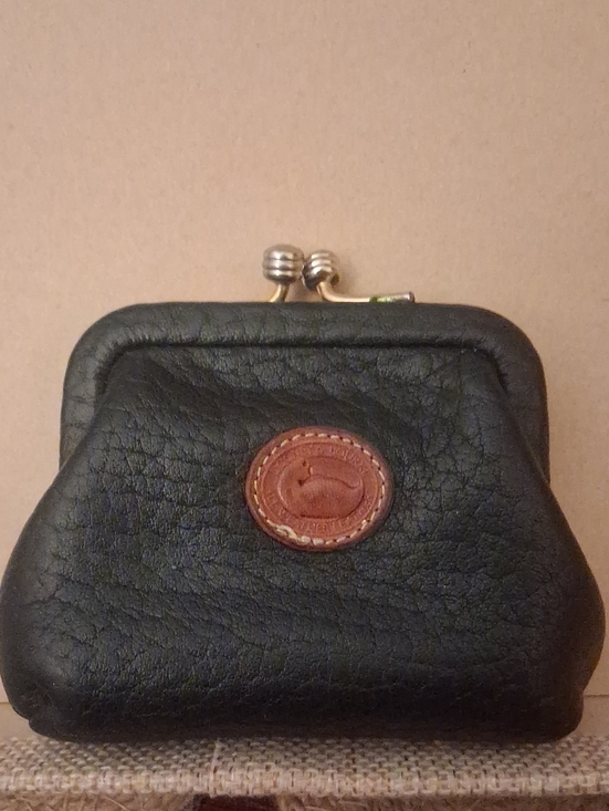 Dooney & Bourke Handbags - Vintage Dooney & Bourke Black Leather Kiss-Lock Coin Purse with Brown Logo Patch